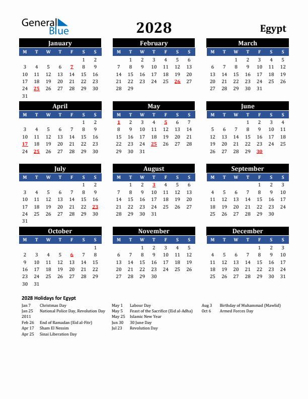 2028 Egypt Holiday Calendar
