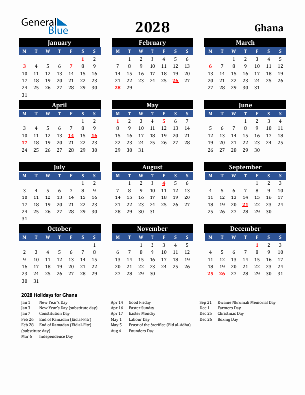 2028 Ghana Holiday Calendar