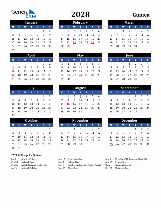 2028 Guinea Holiday Calendar