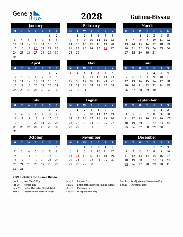 2028 Guinea-Bissau Holiday Calendar
