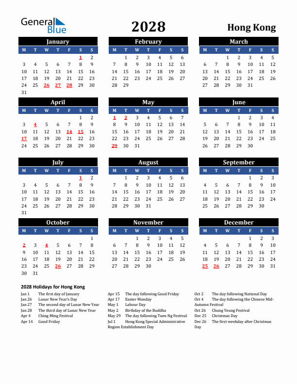 2028 Hong Kong Holiday Calendar