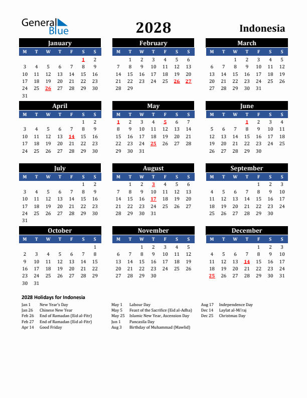 2028 Indonesia Holiday Calendar