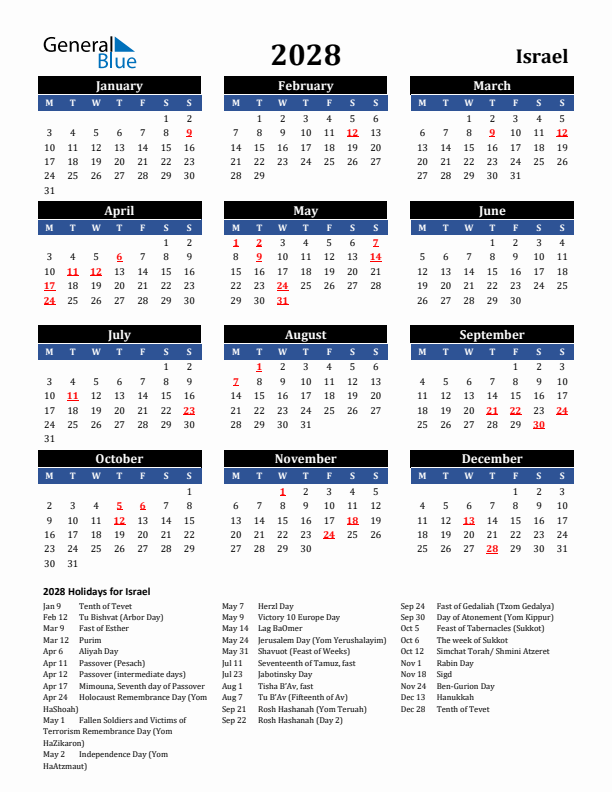 2028 Israel Holiday Calendar