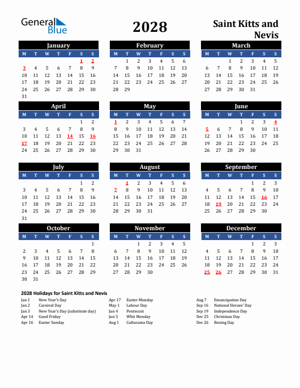 2028 Saint Kitts and Nevis Holiday Calendar