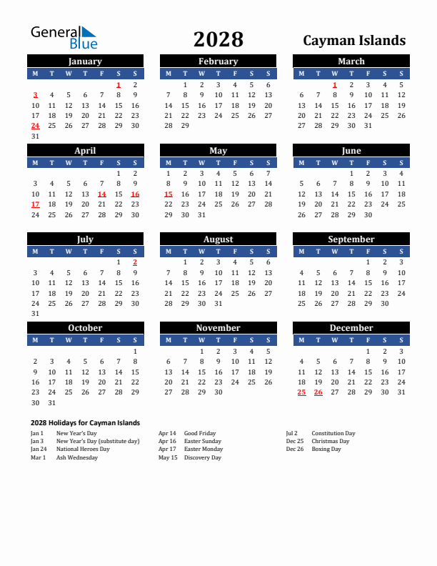 2028 Cayman Islands Holiday Calendar