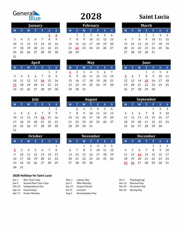 2028 Saint Lucia Holiday Calendar