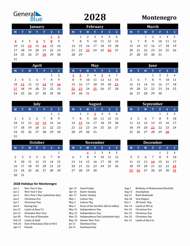 2028 Montenegro Holiday Calendar