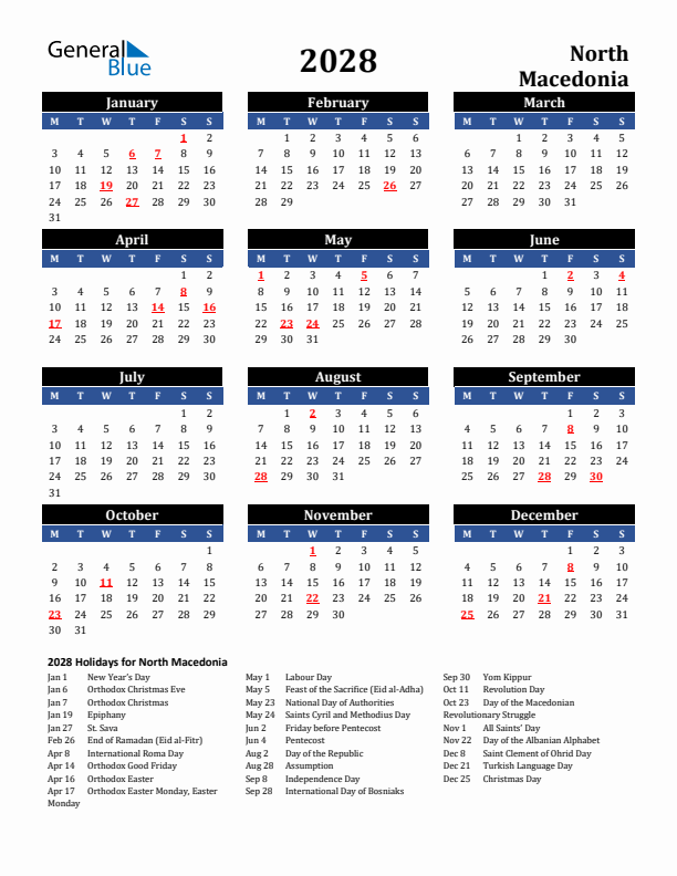 2028 North Macedonia Holiday Calendar