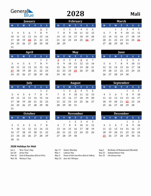 2028 Mali Holiday Calendar