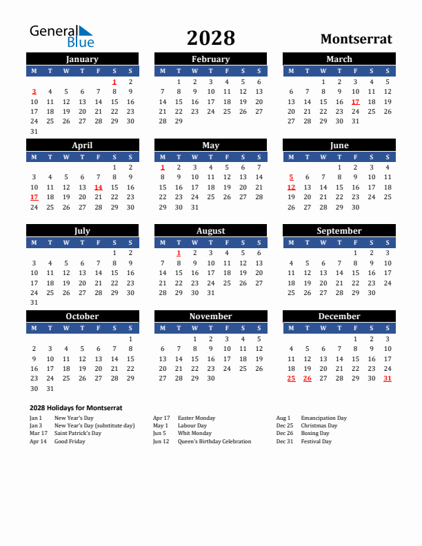 2028 Montserrat Holiday Calendar