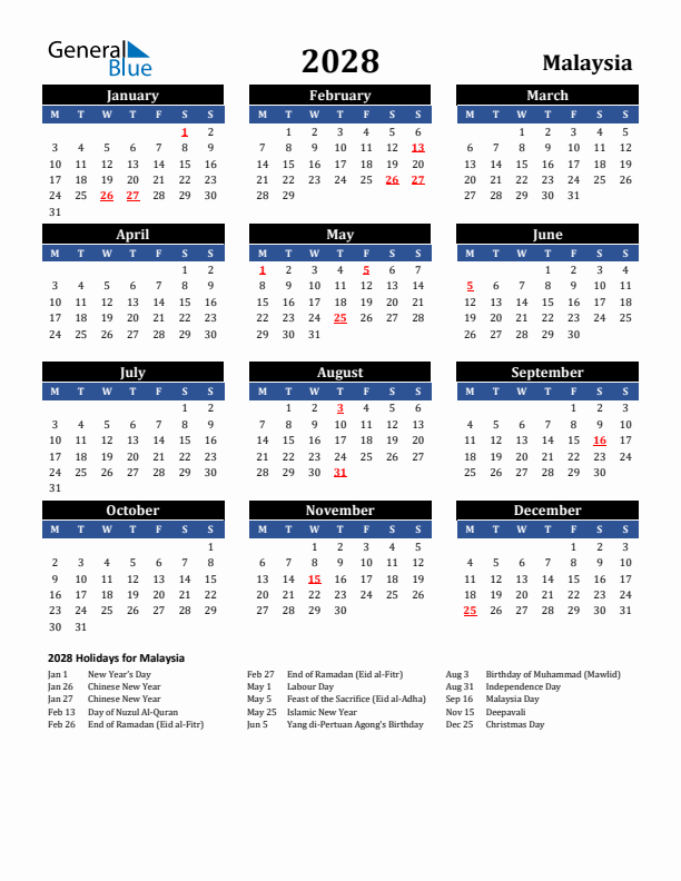 2028 Malaysia Holiday Calendar