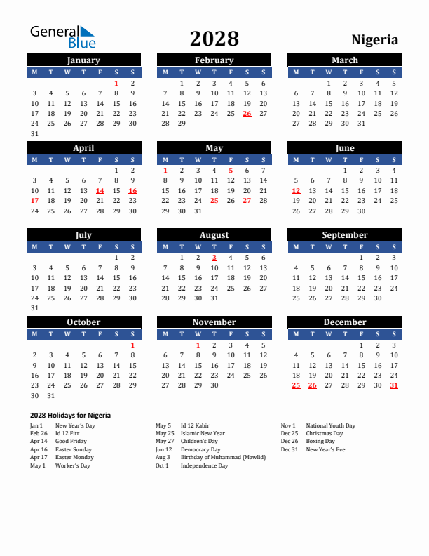 2028 Nigeria Holiday Calendar