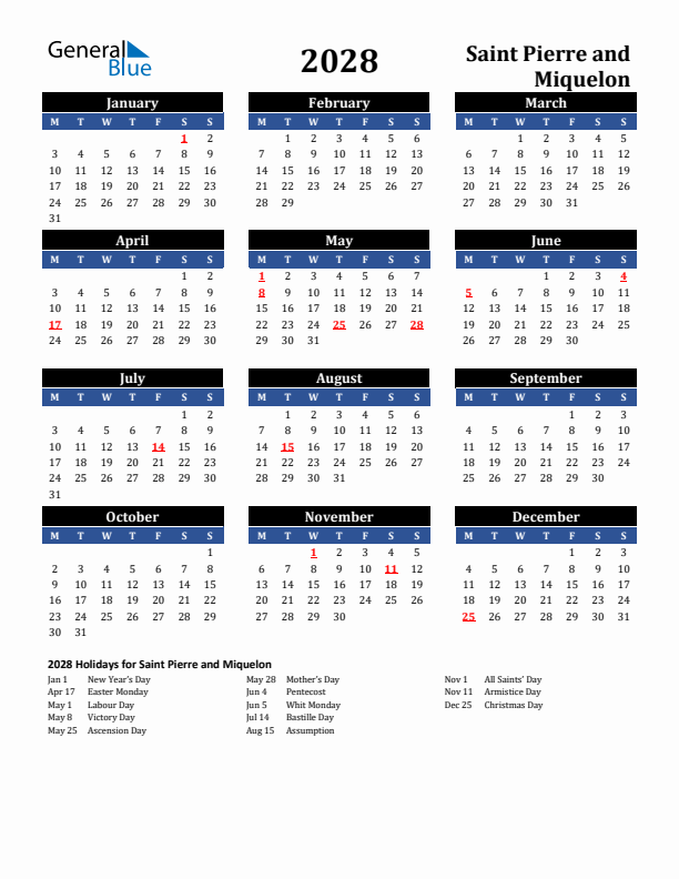 2028 Saint Pierre and Miquelon Holiday Calendar