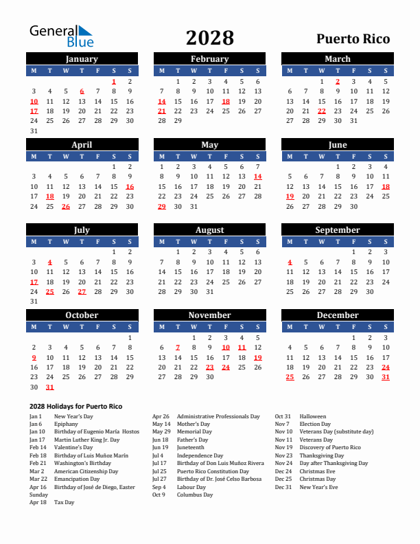 2028 Puerto Rico Holiday Calendar