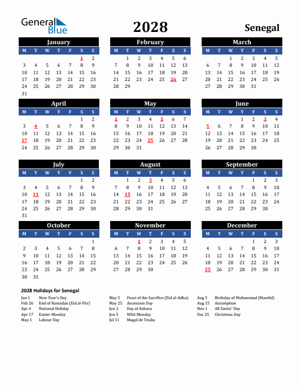 2028 Senegal Holiday Calendar