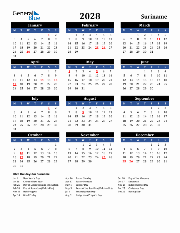 2028 Suriname Holiday Calendar