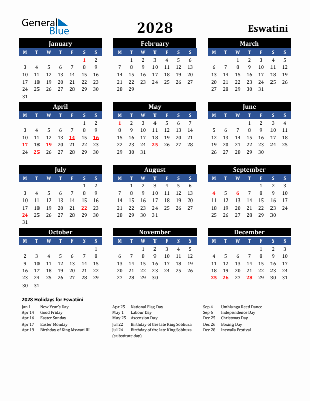 2028 Eswatini Holiday Calendar