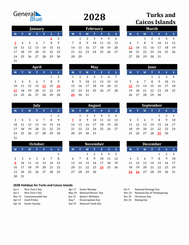 2028 Turks and Caicos Islands Holiday Calendar