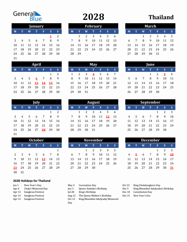 2028 Thailand Holiday Calendar