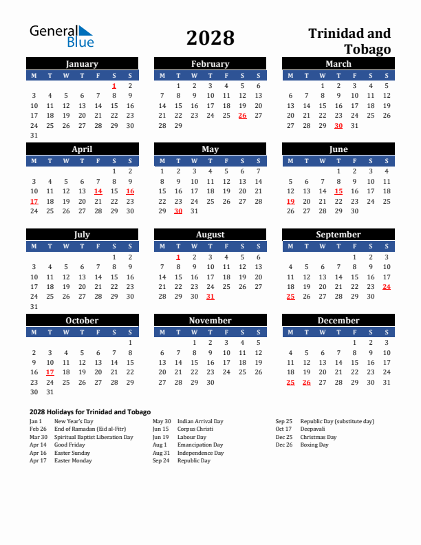 2028 Trinidad and Tobago Holiday Calendar
