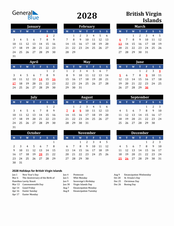2028 British Virgin Islands Holiday Calendar
