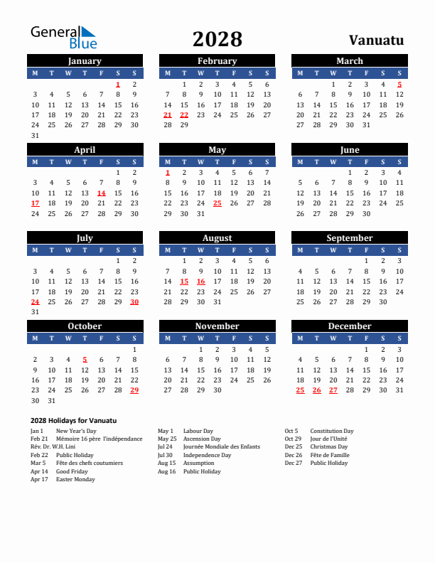 2028 Vanuatu Holiday Calendar