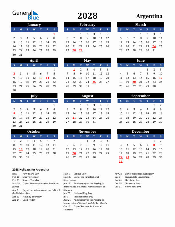2028 Argentina Holiday Calendar