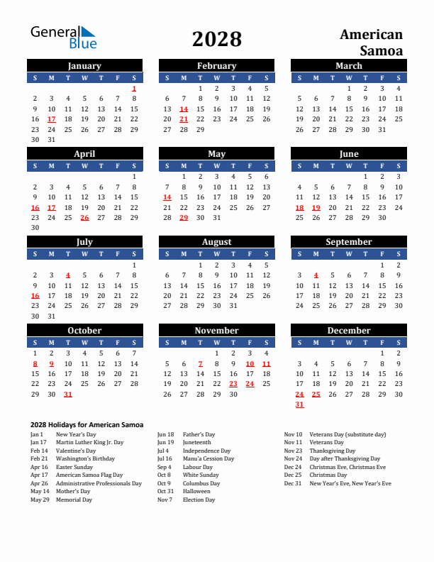 2028 American Samoa Holiday Calendar