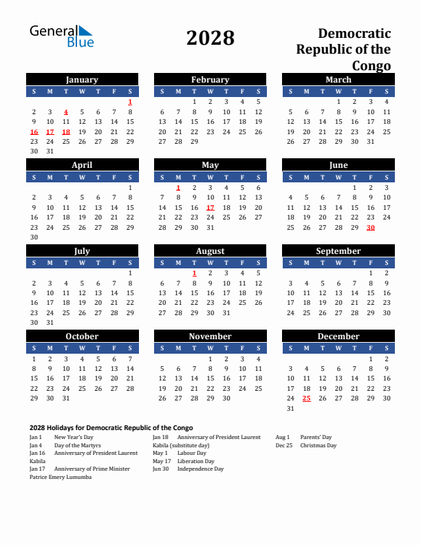 2028 Democratic Republic of the Congo Holiday Calendar