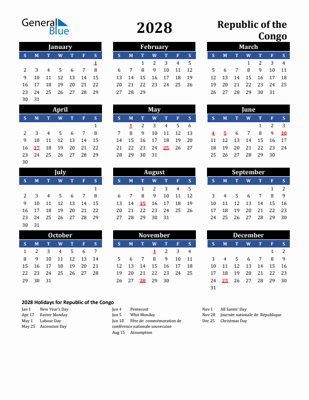 2028 Republic of the Congo Holiday Calendar