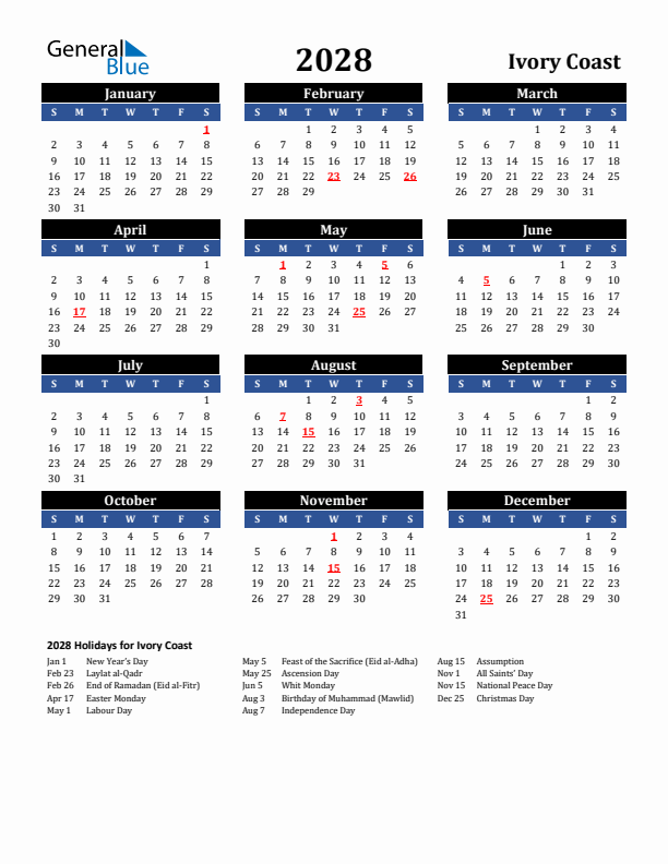 2028 Ivory Coast Holiday Calendar