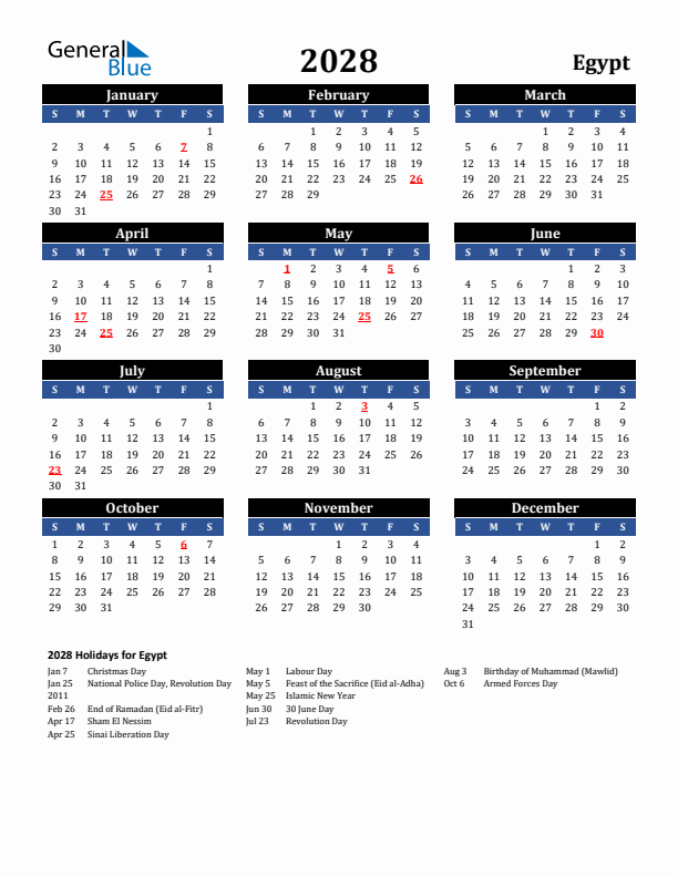 2028 Egypt Holiday Calendar