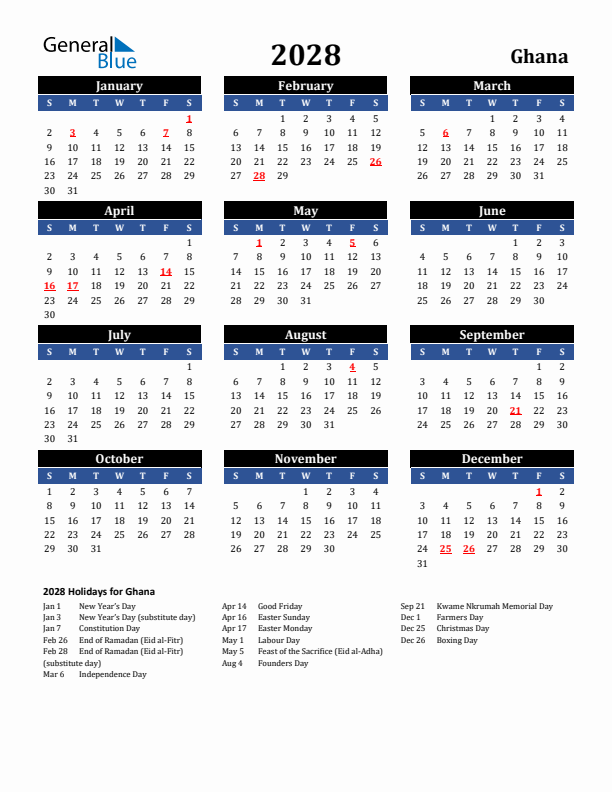 2028 Ghana Holiday Calendar