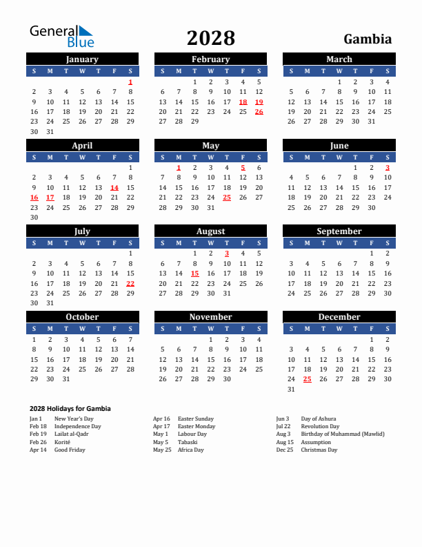 2028 Gambia Holiday Calendar