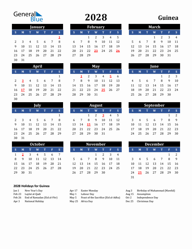 2028 Guinea Holiday Calendar
