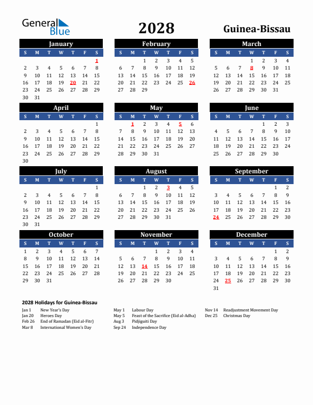 2028 Guinea-Bissau Holiday Calendar