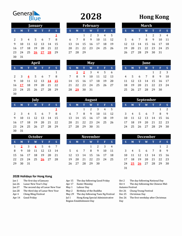 2028 Hong Kong Holiday Calendar