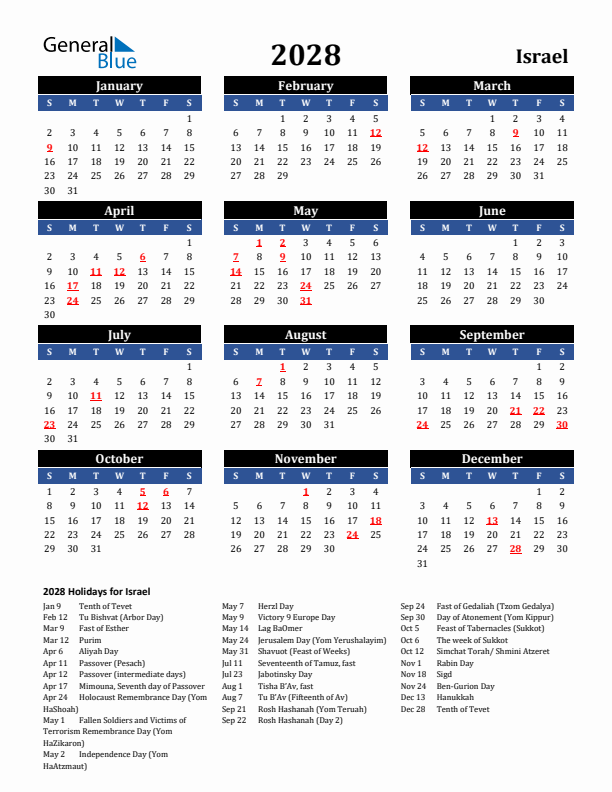 2028 Israel Holiday Calendar