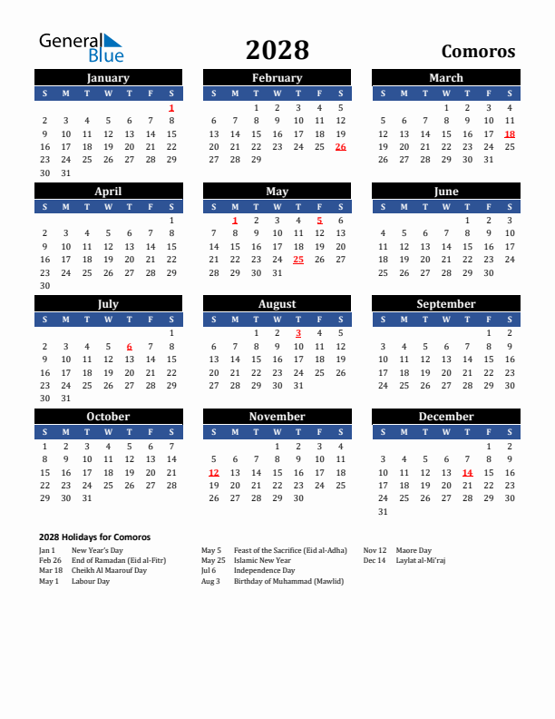 2028 Comoros Holiday Calendar