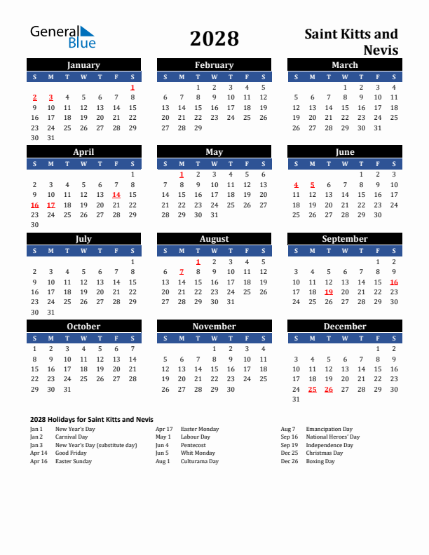 2028 Saint Kitts and Nevis Holiday Calendar