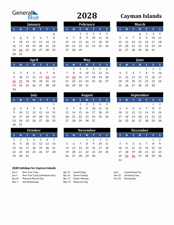 2028 Cayman Islands Holiday Calendar