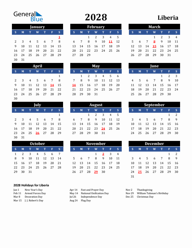2028 Liberia Holiday Calendar