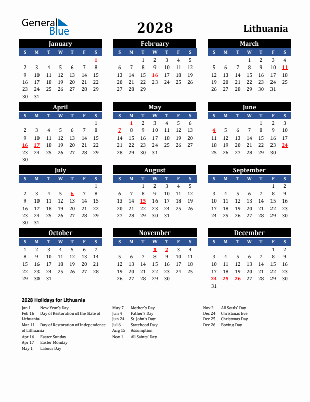 2028 Lithuania Holiday Calendar