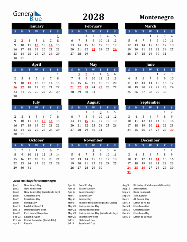 2028 Montenegro Holiday Calendar