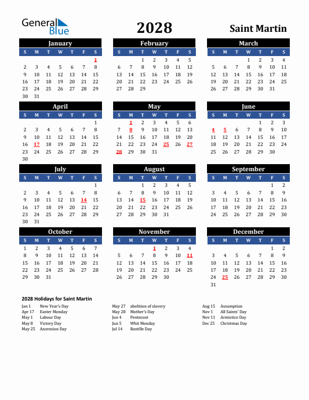 2028 Saint Martin Holiday Calendar