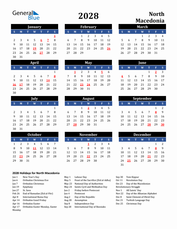 2028 North Macedonia Holiday Calendar