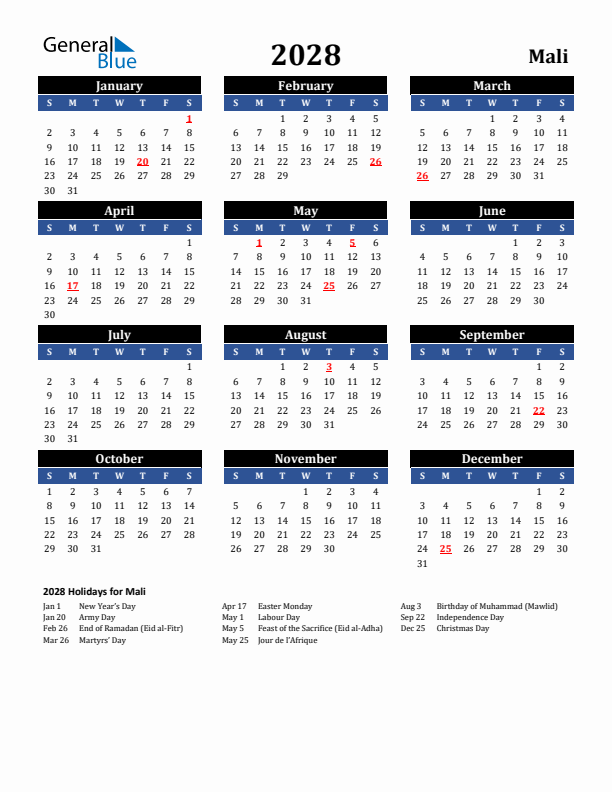 2028 Mali Holiday Calendar