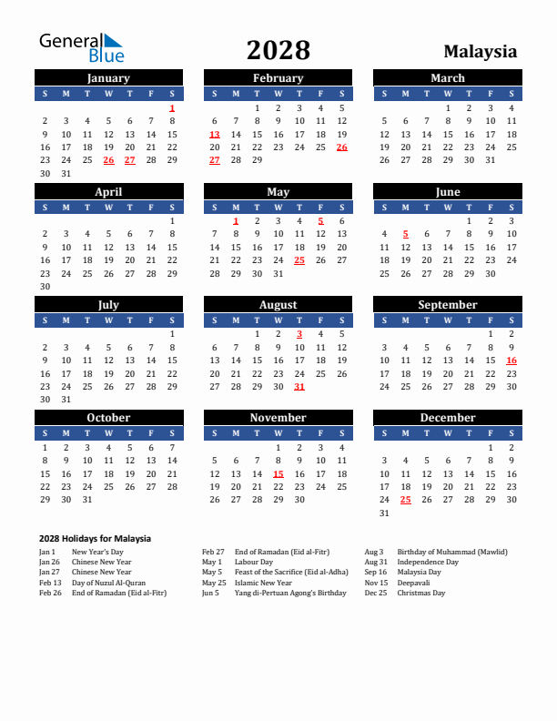 2028 Malaysia Holiday Calendar
