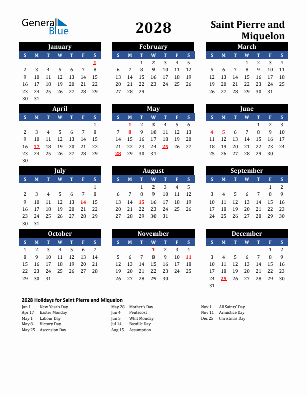 2028 Saint Pierre and Miquelon Holiday Calendar