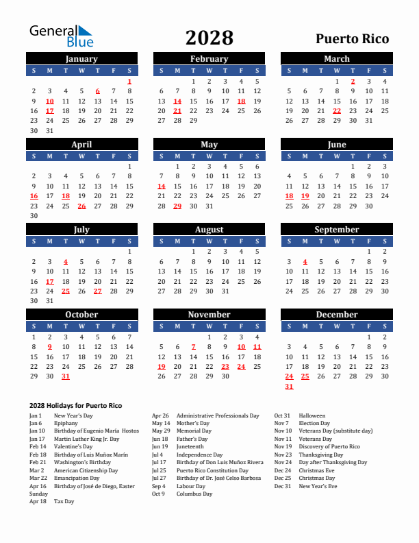2028 Puerto Rico Holiday Calendar